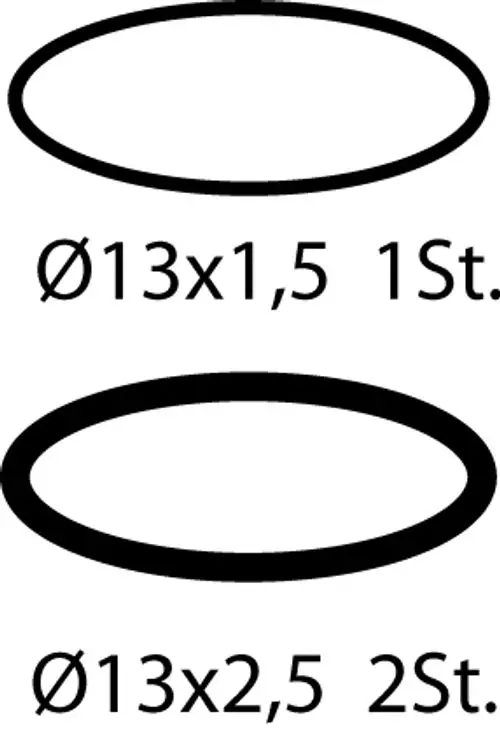 O-Ringe in zwei Größen, Ø 13x1,5 und Ø 13x2,5, dargestellt in einer grafischen Übersicht. Ideal Standard.